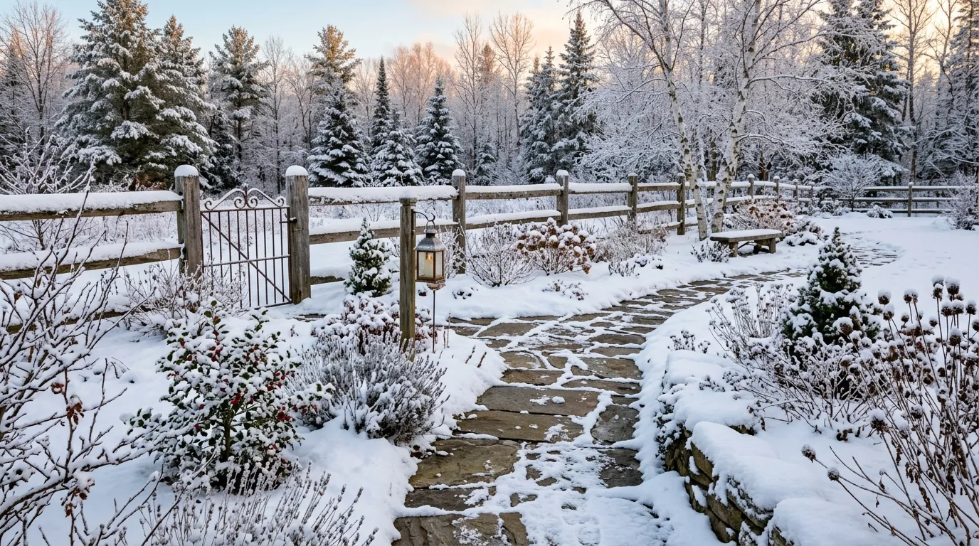 Rustic Winter Garden With Snow-Dusted Fence